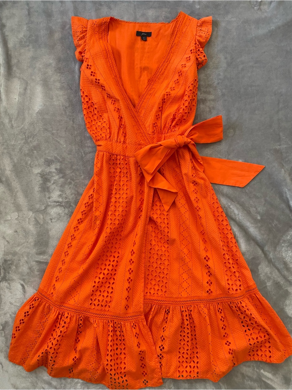 J.Crew Orange Eyelet Wrap Dress Size 0 100% Cotton Midi Ruffle EUC